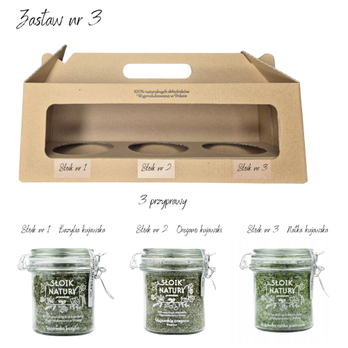 Przejdź do produktu Zestaw Prezentowy nr 3, 3 słoiki - Bazylia, Oregano i Natka