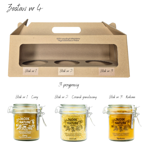 Przejdź do produktu Zestaw Prezentowy nr 4, 3 słoiki - Curry, Czosnek, Kurkuma