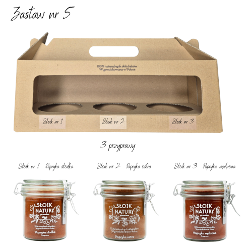 Przejdź do produktu Zestaw Prezentowy nr 5, 3 słoiki - Papryka słodka, ostra i wędzona